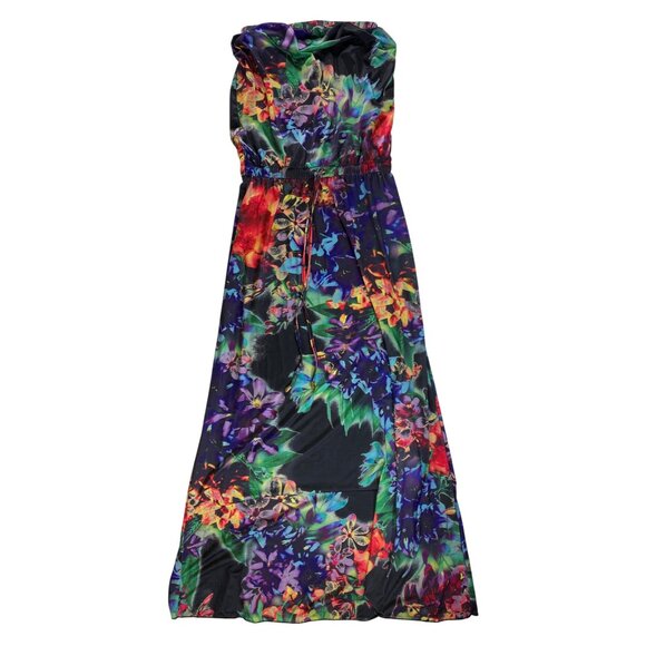 Strapless Floral Maxi Dress Sexy Boho y2K Tropical Small Stretch Beach Feminine - Picture 2 of 6